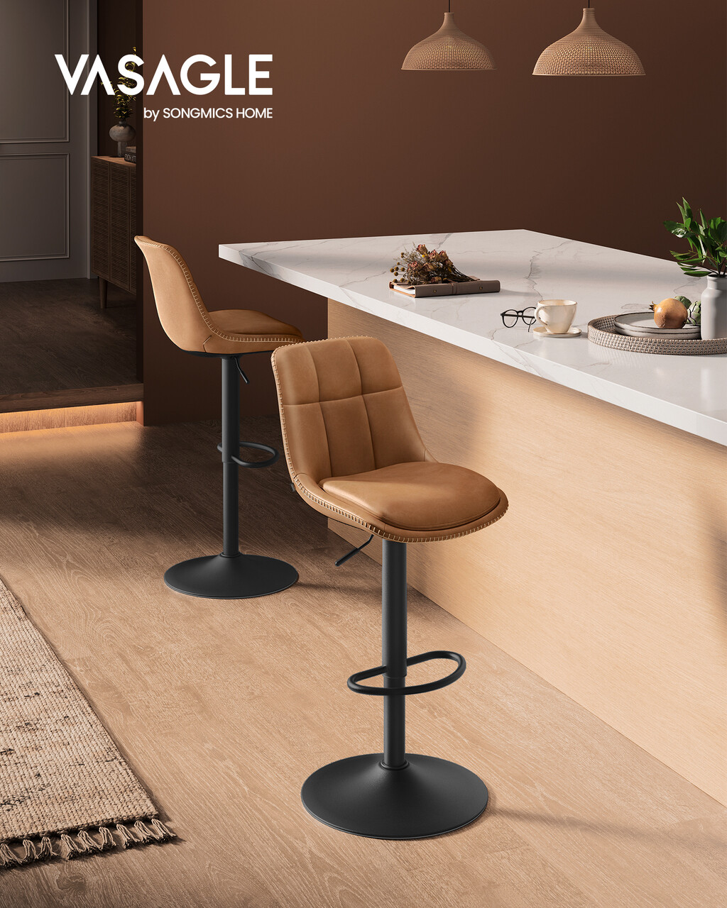 Set 2 scaune de bar, Vasagle, rotativ, 44x48x90-112 cm, piele ecologica/otel cromat, caramel - imagine 7